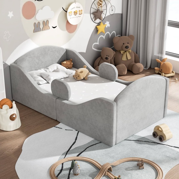 toddler bed, upholstered toddler bed, kids bed, toddler furniture, nursery furniture, new arrival, lifestyle, calm, playful, neutral
